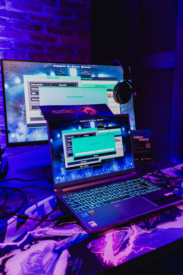 Gaming setup featuring a high-end laptop and monitor with vibrant backlighting for an immersive experience.